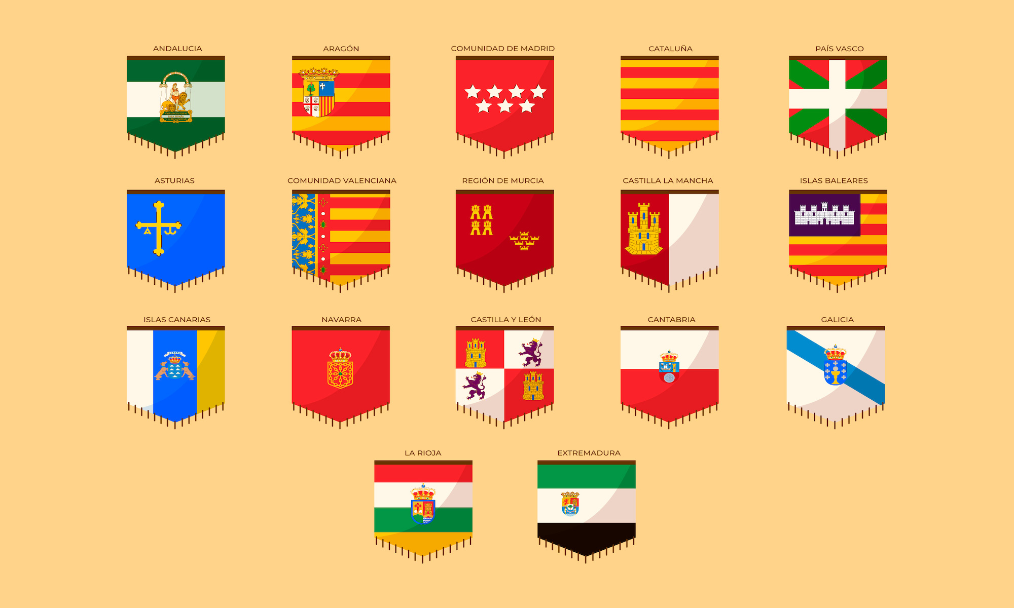 Drapeaux des communautés autonomes espagnoles. Crédit : freepik.